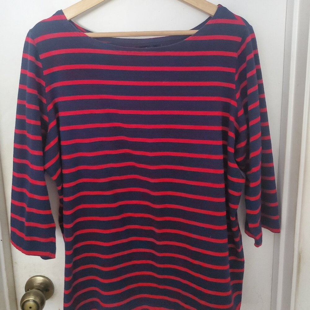 Ellos Dark Blue And Red Striped 3/4" Sleeve Top Women's Size L